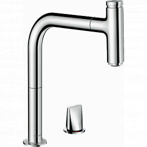 Смеситель для кухни hansgrohe Metris Select M71, 200 Eco, 1jet, sBox 73825000 на 2 отверстия с вытяжным изливом, хром